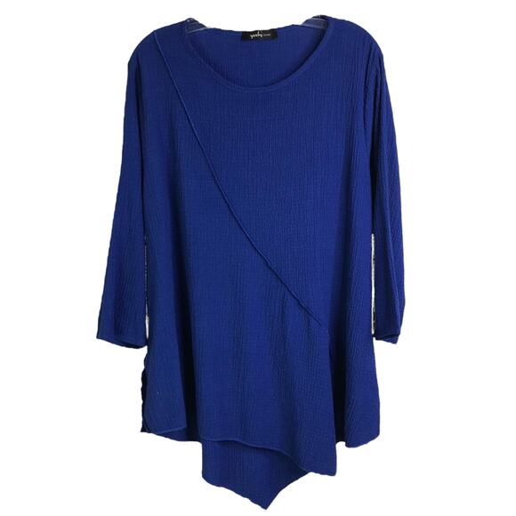 Yushi Tunic Top Women Blue Asymmetrical Hem Long Sleeve Pullover Blouse Crewneck - Picture 1 of 6